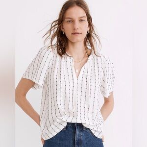 Madewell White and Black Striped tie neck tunic top